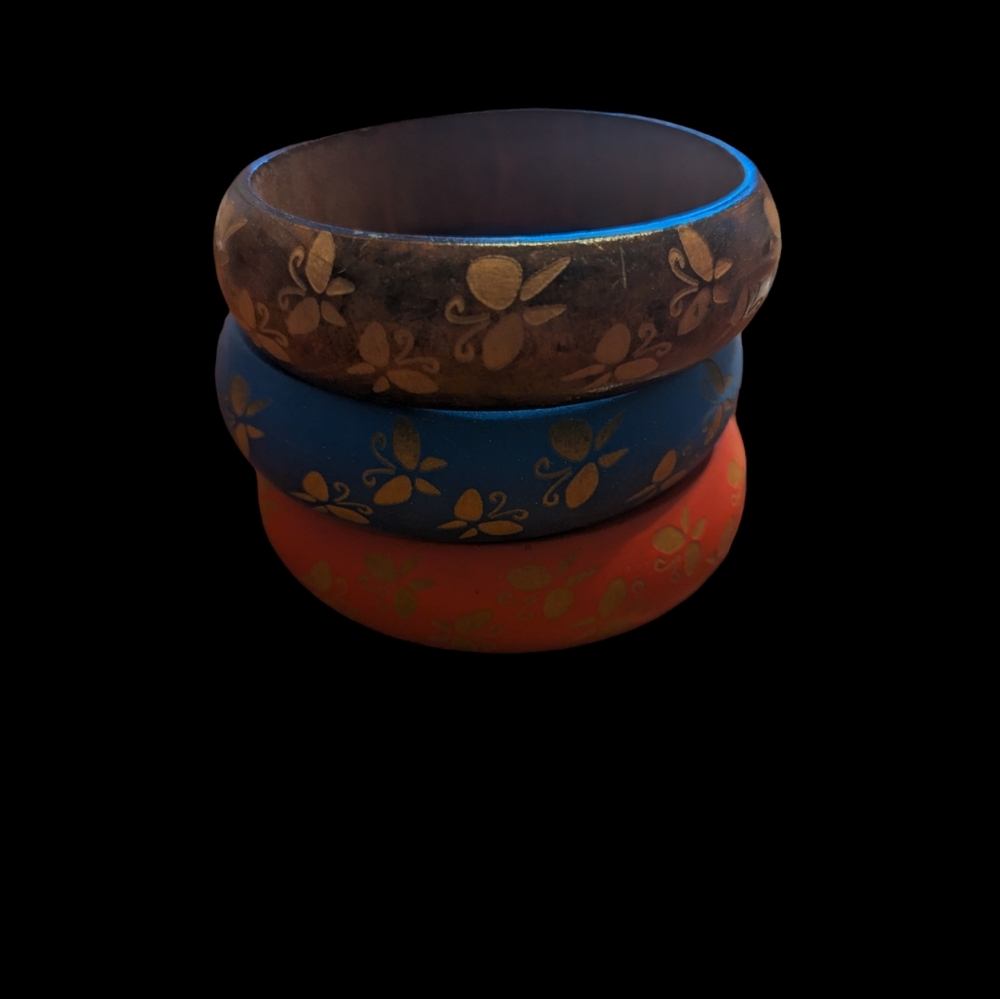 3 Wooden Bangle Bracelets with Butterfly Pattern - Picture 3 of 3